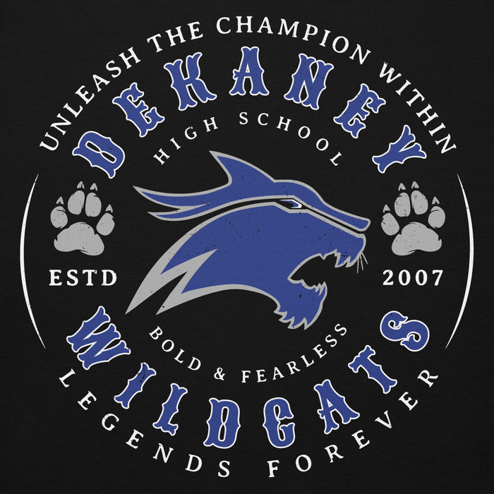 Close-up view of Dekaney High School Wildcats Black Premium Unisex Hoodie 214