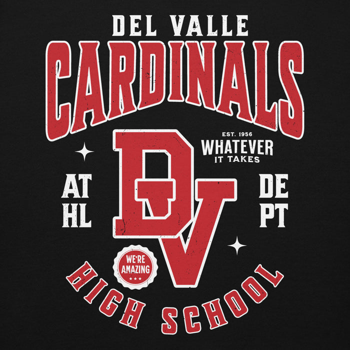 Close-up view of Del Valle High School Cardinals Black Premium Unisex Hoodie 229