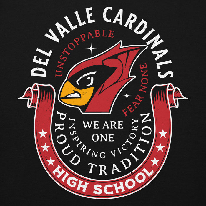 Close-up view of Del Valle High School Cardinals Black Premium Unisex Hoodie 229
