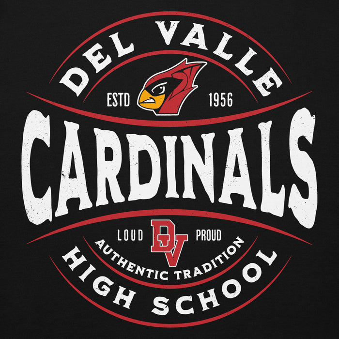 Close-up view of Del Valle High School Cardinals Black Premium Unisex Hoodie 218