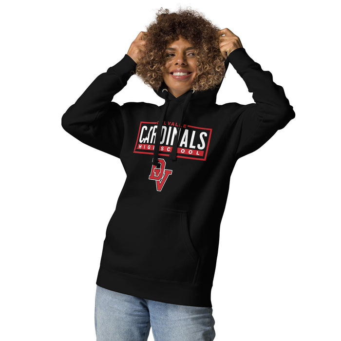Woman wearing Del Valle High School Cardinals Black Premium Unisex Hoodie 049