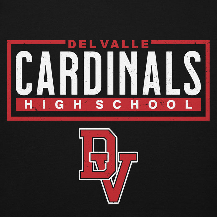 Close-up view of Del Valle High School Cardinals Black Premium Unisex Hoodie 049