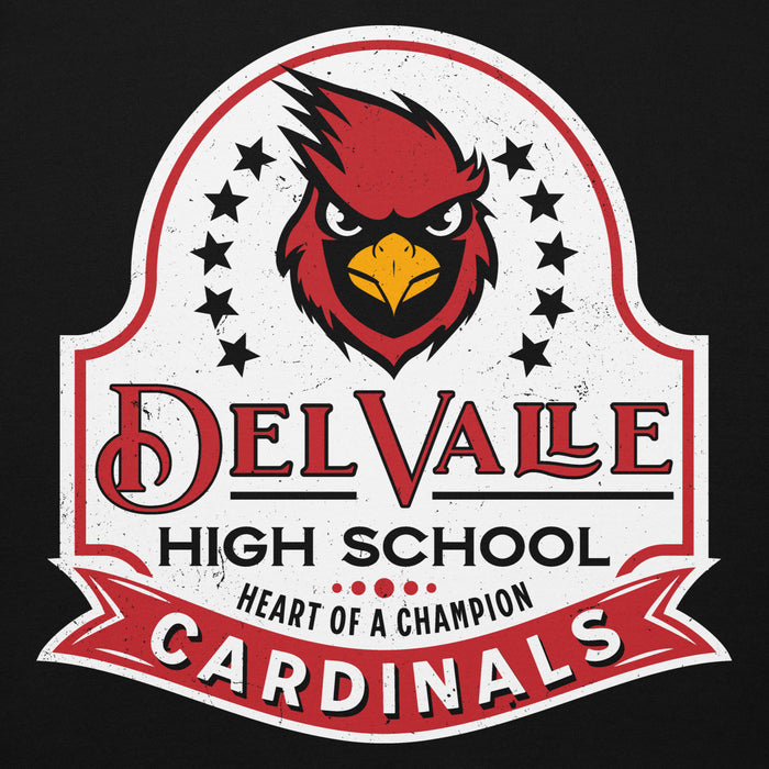 Close-up view of Del Valle High School Cardinals Black Premium Unisex Hoodie 219