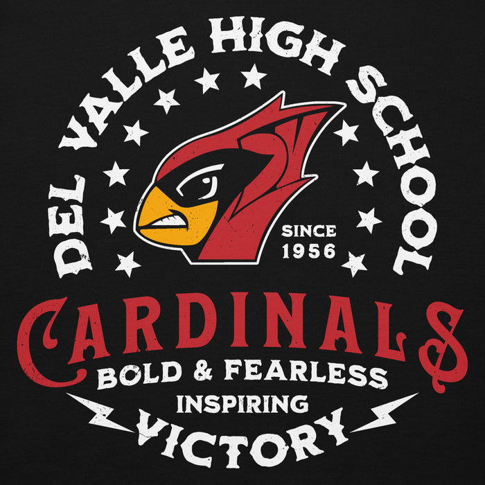 Close-up view of Del Valle High School Cardinals Black Premium Unisex Hoodie 206