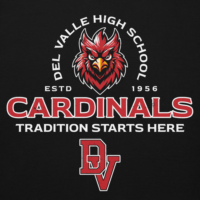 Close-up view of Del Valle High School Cardinals Black Premium Unisex Hoodie 222