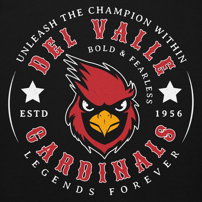 Close-up view of Del Valle High School Cardinals Black Premium Unisex Hoodie 214
