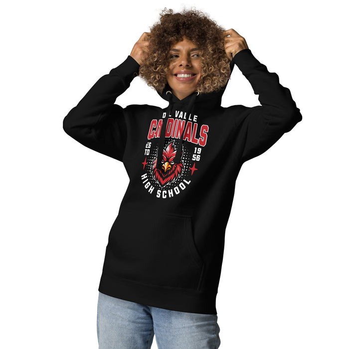 Woman wearing Del Valle High School Cardinals Black Premium Unisex Hoodie 204
