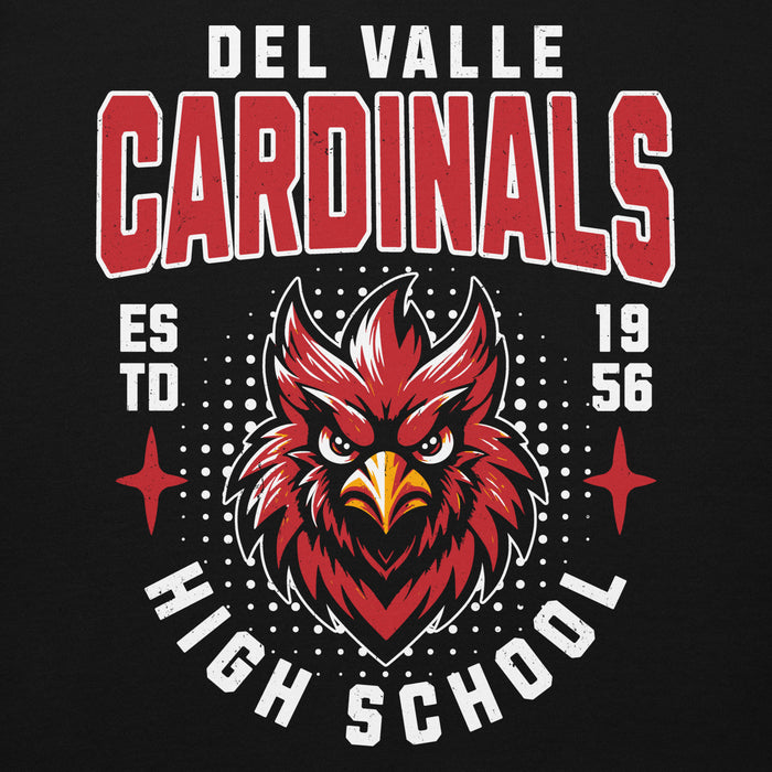 Close-up view of Del Valle High School Cardinals Black Premium Unisex Hoodie 204