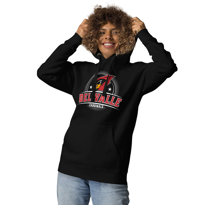 Woman wearing Del Valle High School Cardinals Black Premium Unisex Hoodie 221