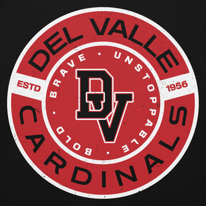 Close-up view of Del Valle High School Cardinals Black Premium Unisex Hoodie 239