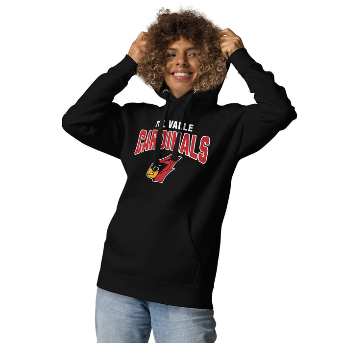 Woman wearing Del Valle High School Cardinals Black Premium Unisex Hoodie 234