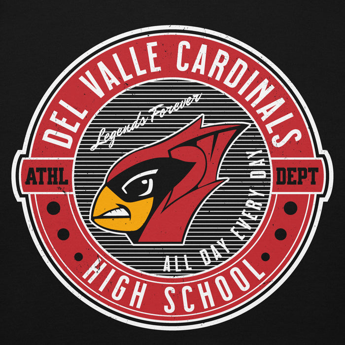 Close-up view of Del Valle High School Cardinals Black Premium Unisex Hoodie 224