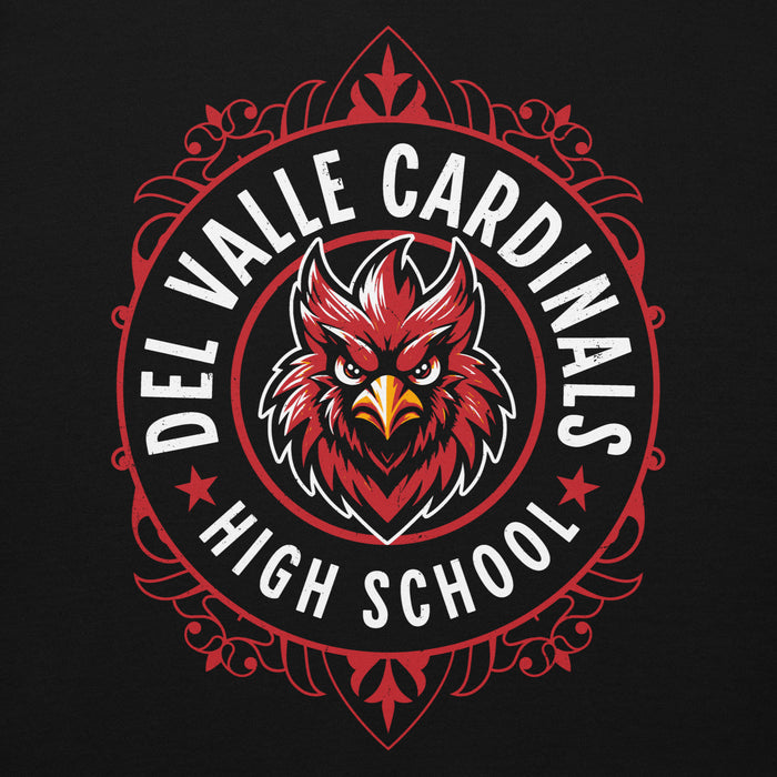 Close-up view of Del Valle High School Cardinals Black Premium Unisex Hoodie 227