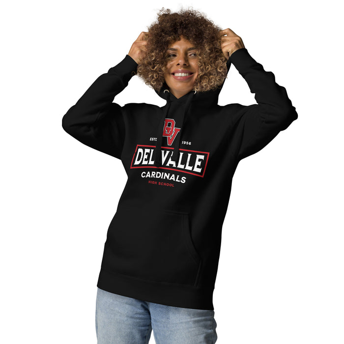 Woman wearing Del Valle High School Cardinals Black Premium Unisex Hoodie 202