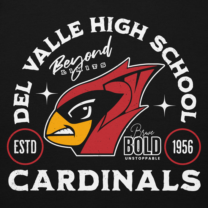 Close-up view of Del Valle High School Cardinals Black Premium Unisex Hoodie 208