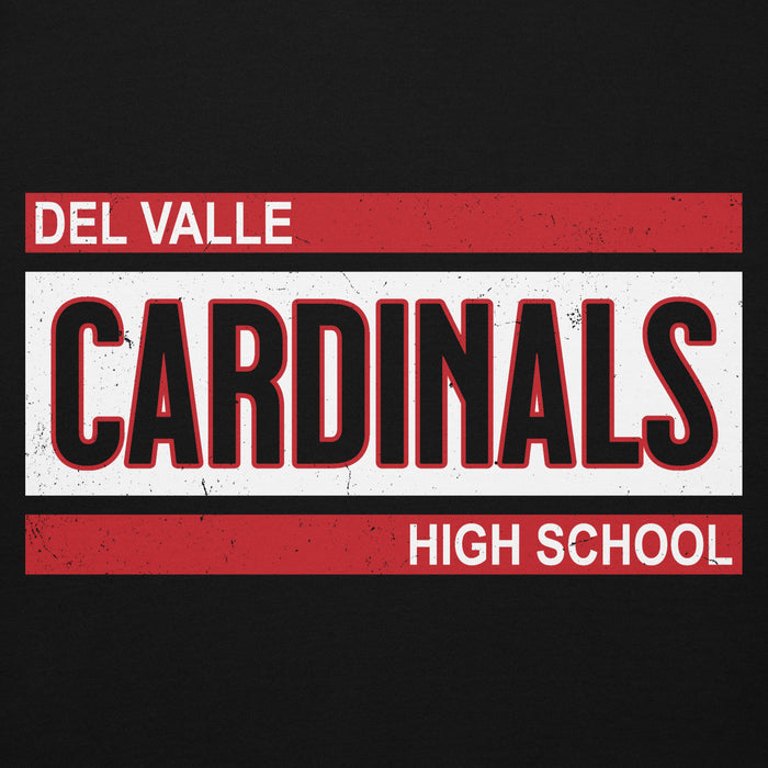 Close-up view of Del Valle High School Cardinals Black Premium Unisex Hoodie 098