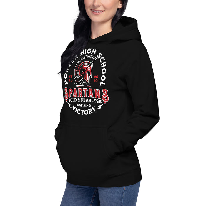 Woman wearing Porter High School Spartans Black Premium Unisex T-shirt 206