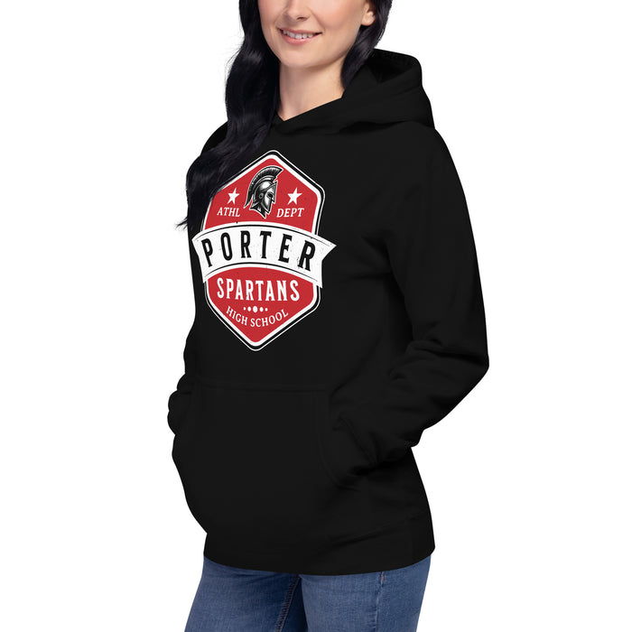 Woman wearing Porter High School Spartans Black Premium Unisex T-shirt 209