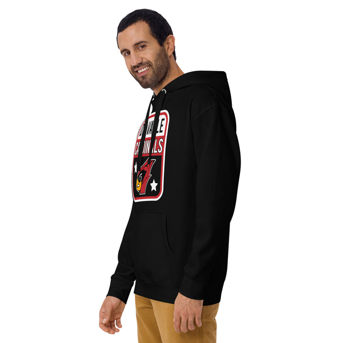 Man wearing Del Valle High School Cardinals Black Premium Unisex Hoodie 001
