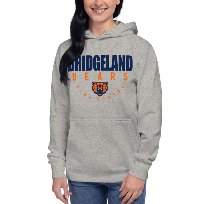 Woman wearing a Bridgeland High School Bears Premium Carbon Grey Hoodie 12