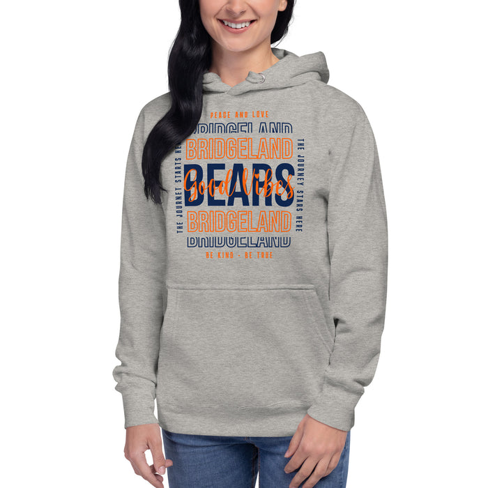 Woman wearing a Bridgeland High School Bears Premium Carbon Grey Hoodie 13