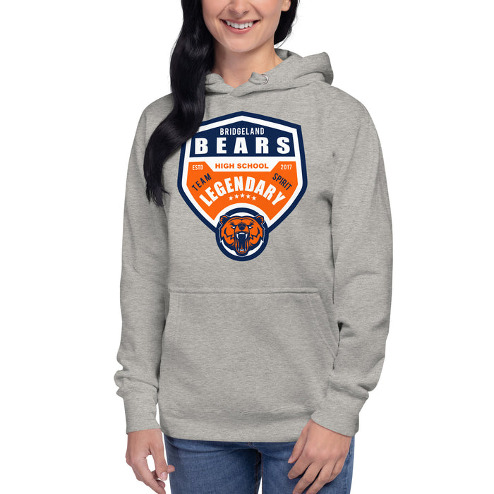 Woman wearing a Bridgeland High School Bears Premium Carbon Grey Hoodie 14