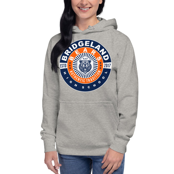 Woman wearing a Bridgeland High School Bears Premium Carbon Grey Hoodie 30