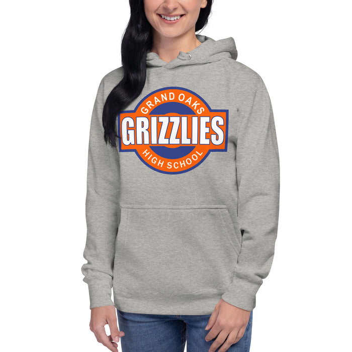 Woman wearing a Grand Oaks High School Grizzlies Carbon Grey Premium Hoodie 11