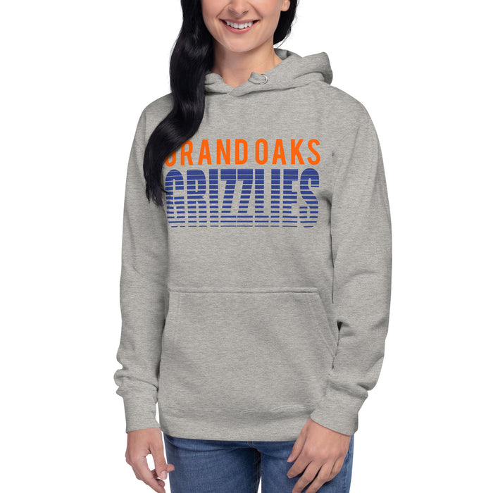 Woman wearing a Grand Oaks High School Grizzlies Carbon Grey Premium Hoodie 24