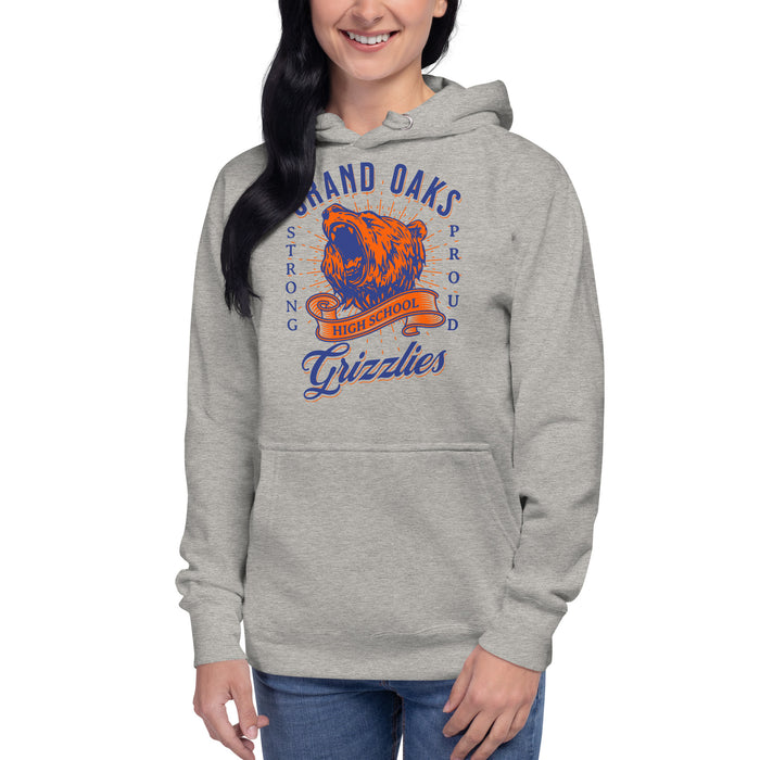 Woman wearing a Grand Oaks High School Grizzlies Carbon Grey Premium Hoodie 26