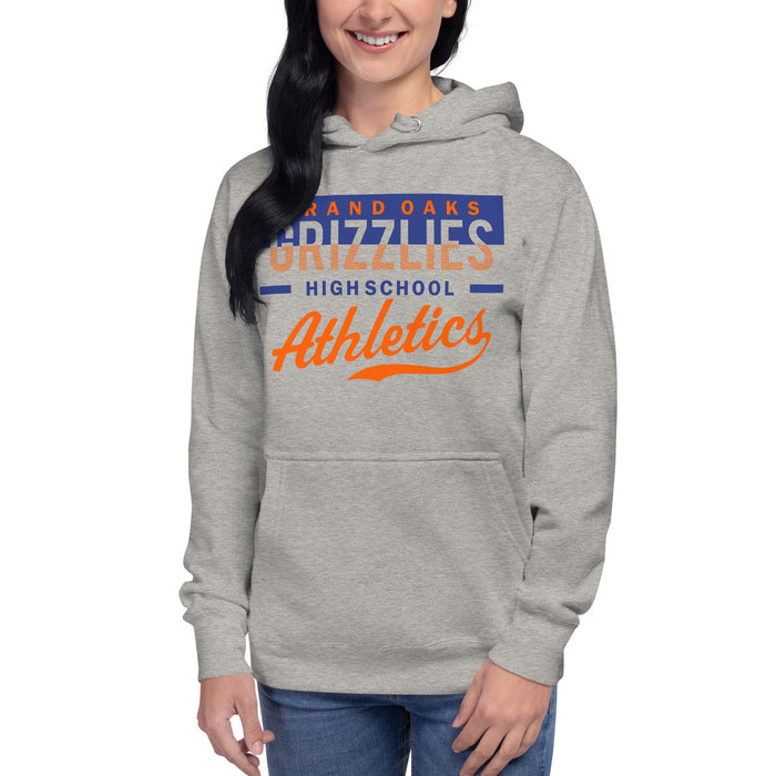 Woman wearing a Grand Oaks High School Grizzlies Carbon Grey Premium Hoodie 48