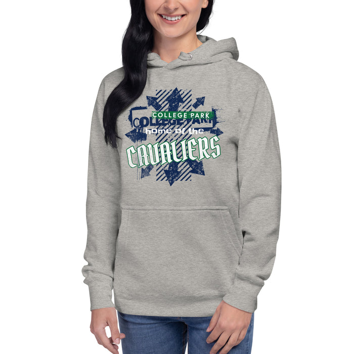 Woman wearing a College Park High School Cavaliers Premium Carbon Grey Hoodie 217