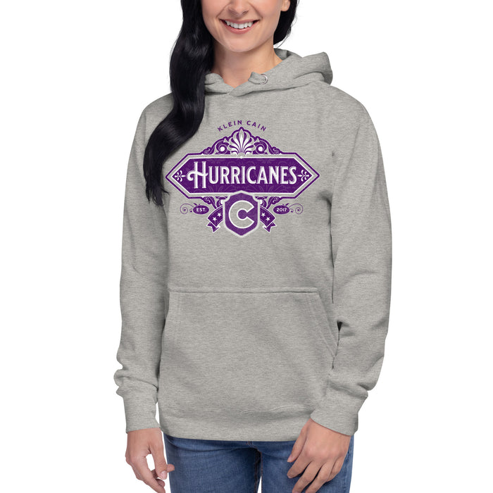 Woman wearing a Klein Cain High School Hurricanes Premium Carbon Grey Hoodie 205