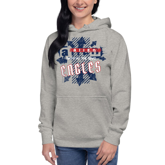 Woman wearing a Allen High School Eagles Premium Carbon Grey Hoodie 213