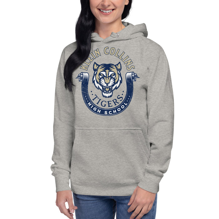 Woman wearing a Klein Collins High School Tigers Premium Sport Grey Unisex Hoodie 204