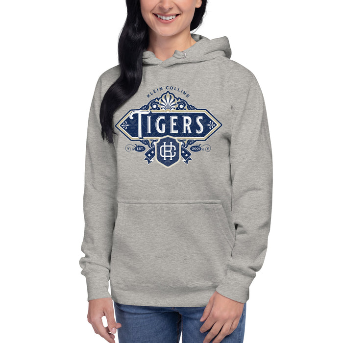 Woman wearing a Klein Collins High School Tigers Premium Sport Grey Unisex Hoodie 214