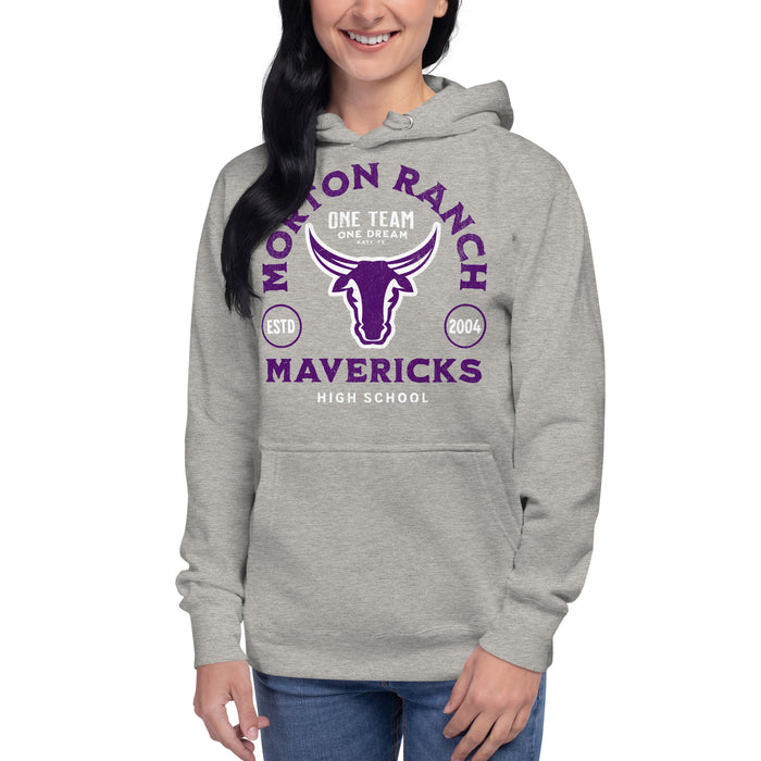 Woman wearing a Morton Ranch High School Mavericks Premium Carbon Grey Hoodie 217