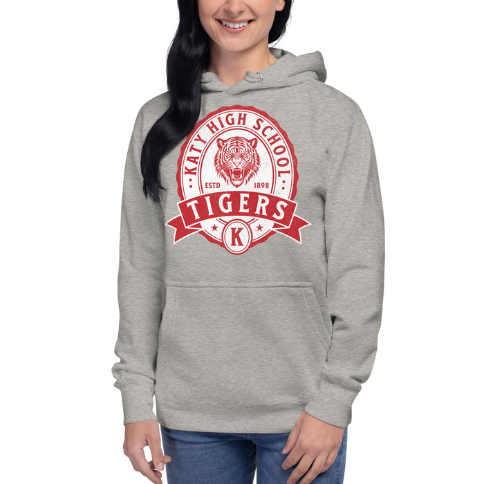 Woman wearing a Katy High School Tigers Carbon Grey Premium Unisex Hoodie 204