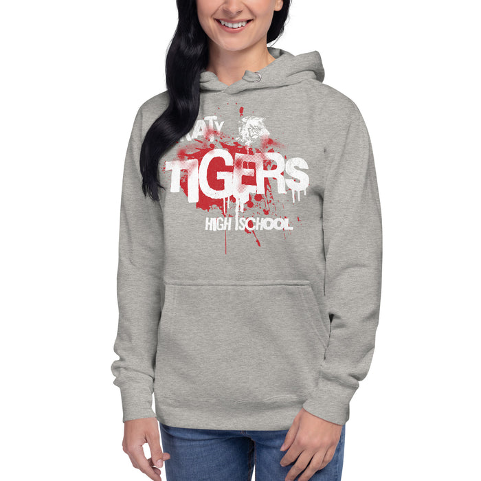 Woman wearing a Katy High School Tigers Carbon Grey Premium Unisex Hoodie 215