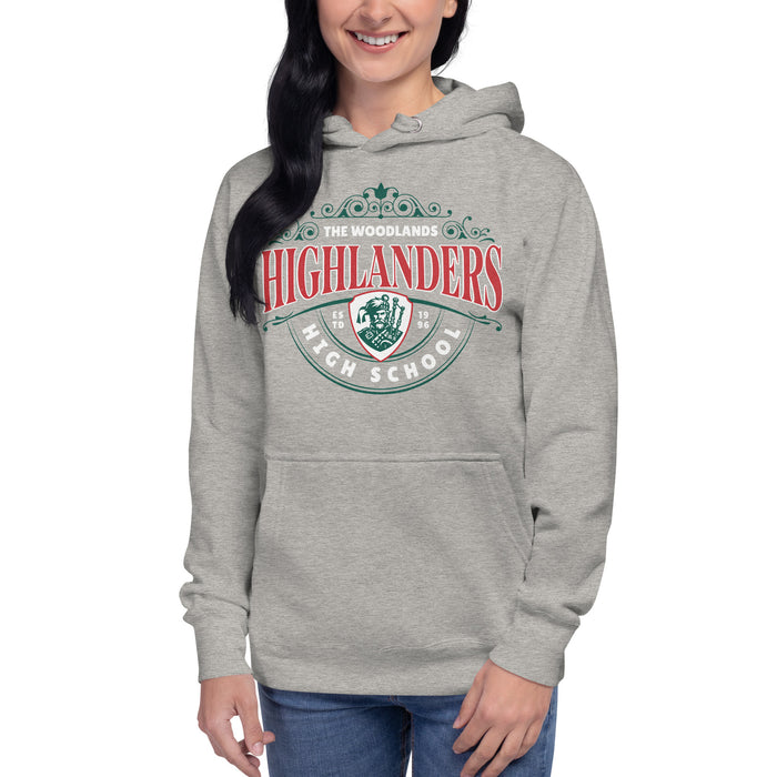 Woman wearing The Woodlands High School Carbon Grey Premium Unisex Hoodie 211