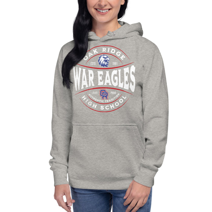 Woman wearing Oak Ridge High School War Eagles Carbon Grey Premium Unisex Hoodie 218