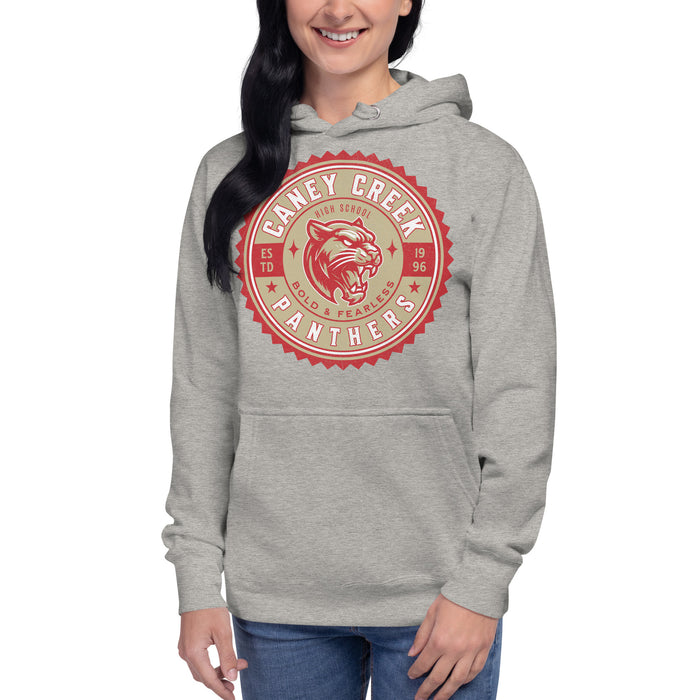 Woman wearing Caney Creek High School Panthers Carbon Grey Premium Unisex Hoodie 203