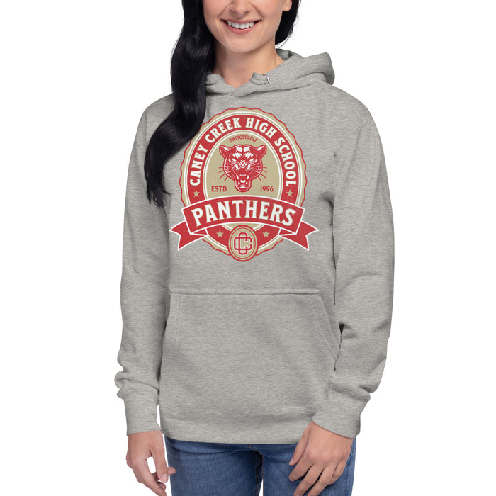 Woman wearing Caney Creek High School Panthers Carbon Grey Premium Unisex Hoodie 212