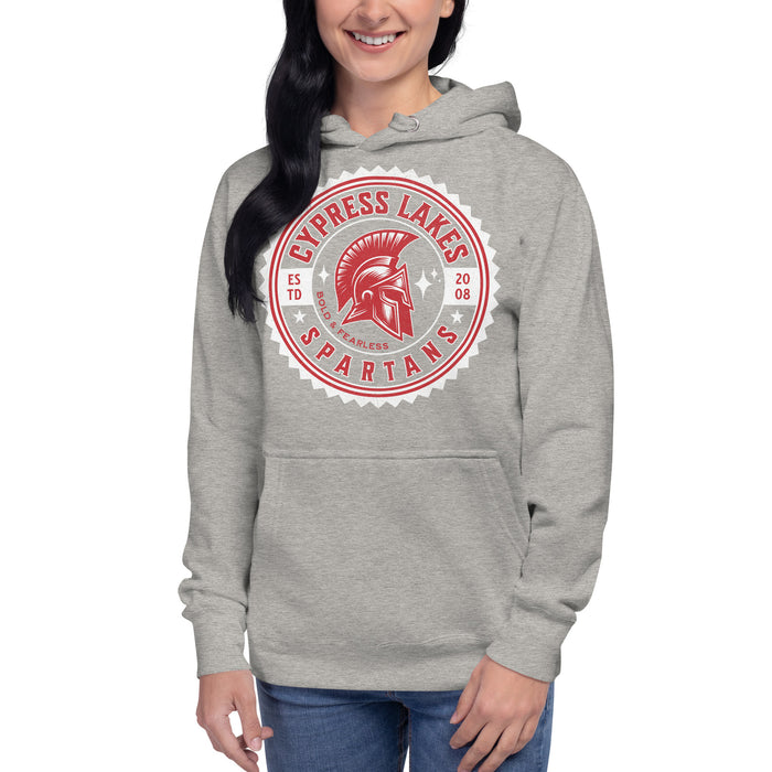 Woman wearing Cypress Lakes High School Spartans Carbon Grey Premium Unisex Hoodies 203