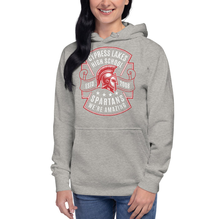 Woman wearing Cypress Lakes High School Spartans Carbon Grey Premium Unisex Hoodies 207