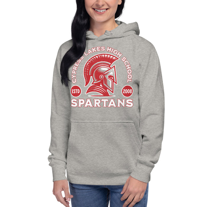 Woman wearing Cypress Lakes High School Spartans Carbon Grey Premium Unisex Hoodies 208 