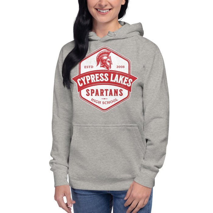 Woman wearing Cypress Lakes High School Spartans Carbon Grey Premium Unisex Hoodies 209