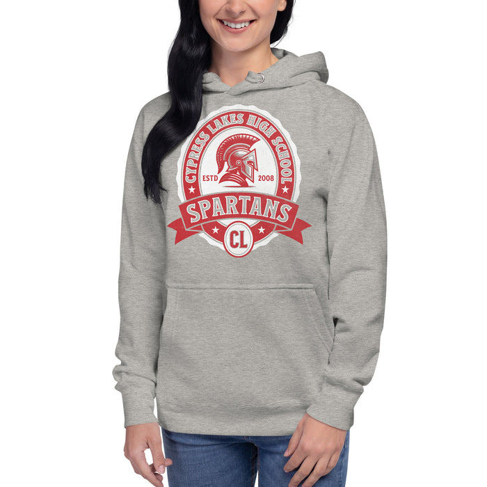 Woman wearing Cypress Lakes High School Spartans Carbon Grey Premium Unisex Hoodies 212