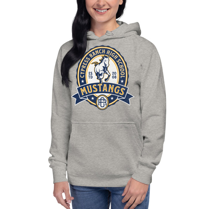 Woman wearing Cypress Ranch High School Mustangs Carbon Grey Premium Unisex Hoodie 213