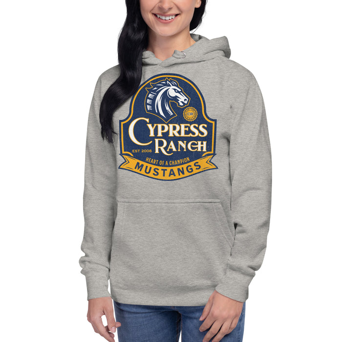 Woman wearing Cypress Ranch High School Mustangs Carbon Grey Premium Unisex Hoodie 220